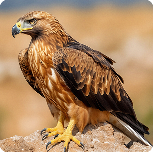 An Arabian falcon at rest, wings folded, in warm desert light